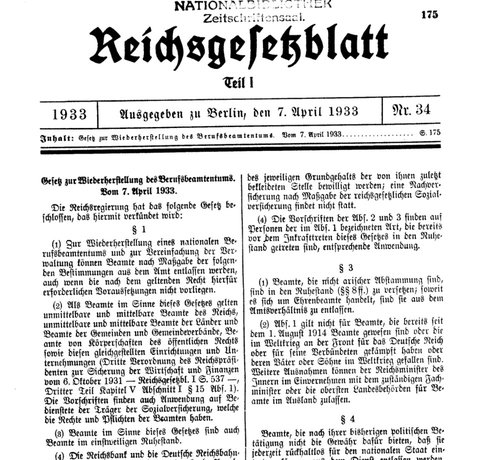 Lagen från 7 april 1933 tryckt i Reichsgesetzblatt, en av källorna i lektionen
