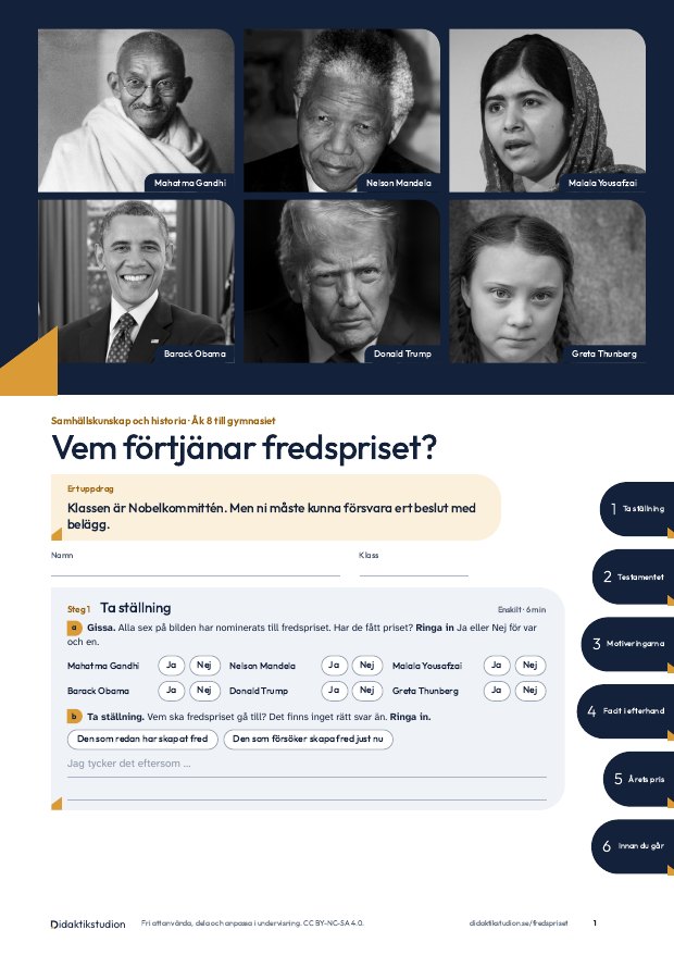Omslaget till Mitt blad, med porträtt av sex personer som nominerats till fredspriset